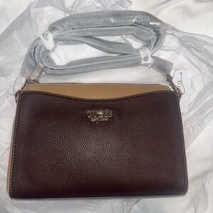 GUESS Brown and Tan Pebbled Crossbody with Gold Logo